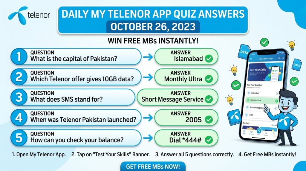 Today’s My Telenor App Quiz Answers – Get Free MBs Instantly